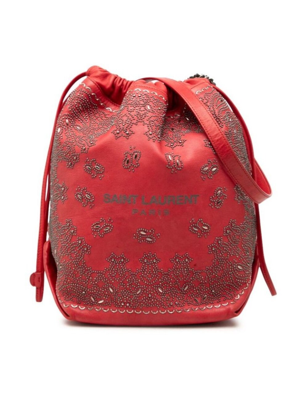 Saint Laurent Studded Teddy Bucket Chain Shoulder Bag Drawstring Red Leather